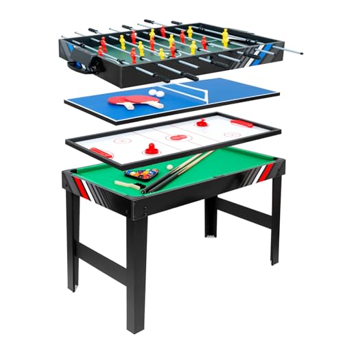 4-in-1 Multi Spieltisch, Multifunktionale Spieltische mit Tischkicker, Billard, Airhockey, Tischtennis, Multifunktionstisch Multiplayer Inkl. komplettem Zubehör, für Heimspielzimmer, Partybars, Kinder