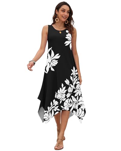 Image of AUSELILY Women's Summer Dresses Casual Sleeveless Midi Dress with Pockets | Crew neck tank dress with asymmetrical hem, ideal for beach, vacation, and daily wear
