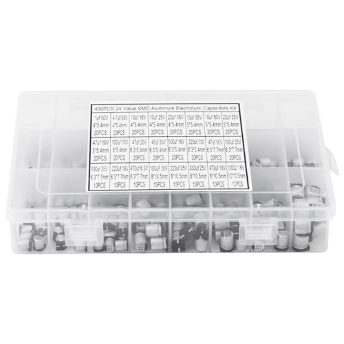 Image of 400 Pcs 24 Values Electrolytic Capacitors Assortment Kit 24 Different Types SMD Bypass Low Frequency Aluminum with Storage Box 1uF - 1000uF
