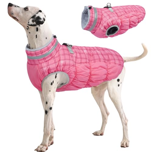 Image of FUAMEY Dog Winter Coat Fleece Warm Large Dog Coat with Harness Built in | Dogs Cold Weather Fleece Coats Zip up Reflective Dog Winter Vest Windproof Water Resistant Snow Coats Rose Plaid XL