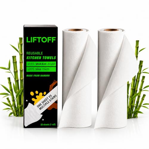 Image of LIFTOFF Bamboo Kitchen Towel Roll Reusable - 40 Sheets Washable Cleaning Wipes Up to 4000 Uses Ultra Absorbent - Eco-Friendly Alternative to Paper Towels-Multipurpose Kitchen & Home Use - Pack of 2