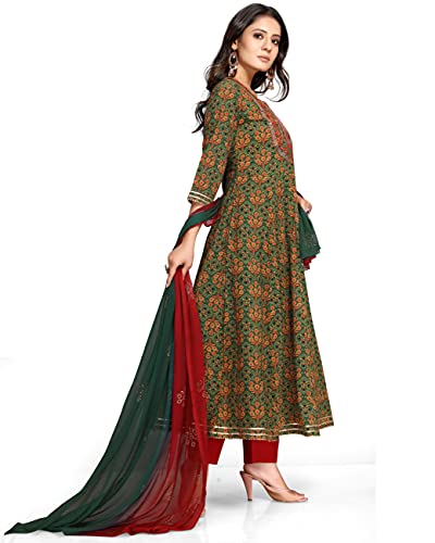 Rajnandini Women's Pure Cotton Embroidered A-Line Anarkali Kurta Set with Dupatta (Ready to Wear; Green and Red;-P)4