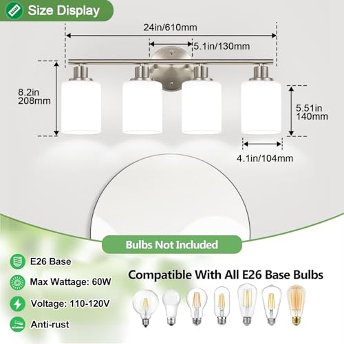Image of Zarbitta 4-Light Bathroom Light Fixtures, Brushed Nickel Modern Vanity Lights with Milky White Frosted Glass Shades, Bathroom Wall Lamp for Mirror Kitchen Living Room