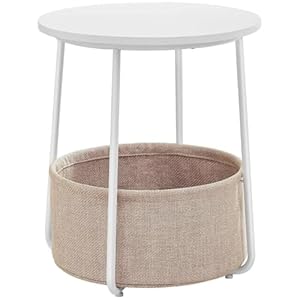 VASAGLE Kleiner Couchtisch, rund, Beistelltisch mit Stoffkorb, Aufbewahrung, für Wohnzimmer, Schlafzimmer, moderner Stil, Weiß matt und Kamelbraun, LET223W10