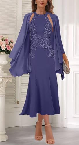 Tea Length 2 Pieces Mother of The Bride Dresses Halter Lace Mermaid Satin Formal Evening Dresses with Jacket3