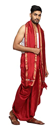 Image of Rameshwaram Fabrics Readymade Dhoti for Men, Velcro Style Stitched Mens Silk Dhoti Pant with Stole Set