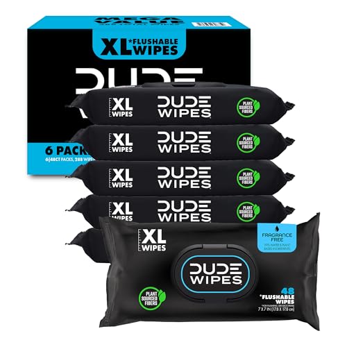 Image of Dude Wipes - Flushable Wipes Unscented - (6 Pack) 288 Count - Extra Large - Flushable - Vitamin-E & Aloe - Septic and Sewer Safe