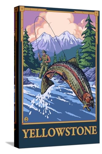 ART.COM Stretched Canvas Print Fly Fishing Scene, Yellowstone National Park by Lantern Press, 12" x 18"