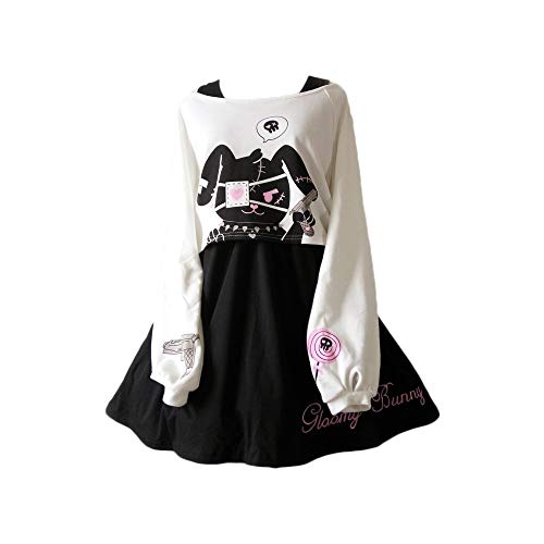 Filles Robes Kawaii Lapin Imprimé 2 Pièces Déguisement Japonais Noir Blanc Coton