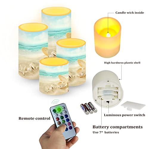Image of Flameless LED Battery Candles 4PCS Pillar Candles with 18-Key Timer Remote Colorful Light for Party Celebration Decor, Beach Mussel Starfish Seashell