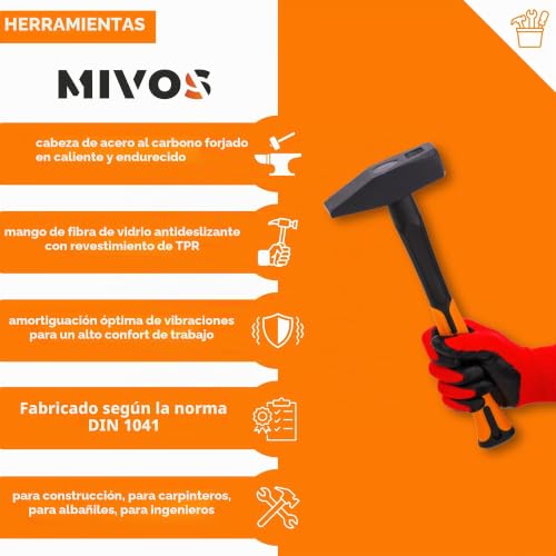 Miniatura 3 de Mivos Martillo De Cerrajero 800 G Con Cabreza De Acero - Martillo De Carpintero Con Mango De Fibra De Vidrio E Amortiguación De Vibraciones - Martillo De Mecánico - Din 1041