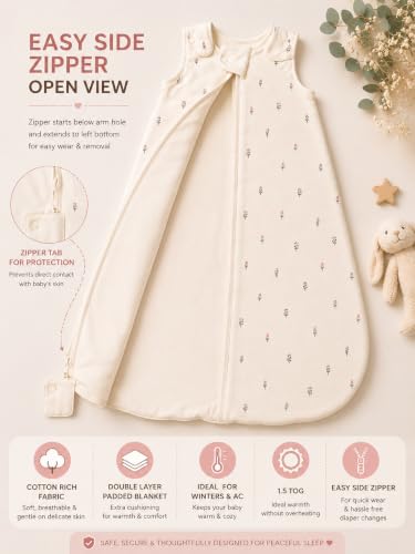 Image of TuddyBuddy Baby Cotton Wearable Quilted Sleeping Bag Blanket 1.5 Tog with 1 Way Zipper Closure | Ideal for Babies & Kids Hypoallergenic Fabrics | (Lavender Floral AOP - Off White, 18-24 Months)