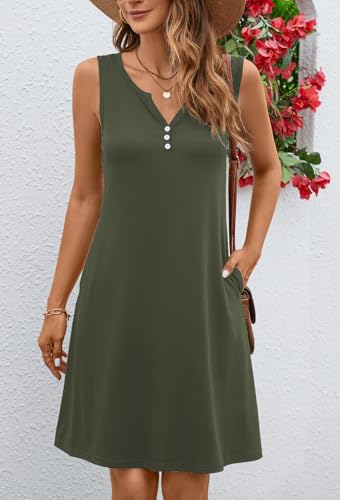 Image of Ladlop Summer Dresses for Women 2026 Beach Loose Casual A Line Dress Sleeveless V-Neck Sundress with Pockets