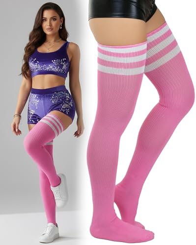 Image of ToBeInStyle Women's Heavyweight Knit Thigh High Long Socks w /Contrast 3 Stripe Top Band