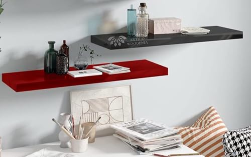 Image of Wooden Floating Wall Shelf| Wall Mount| Wall Rack| Wall Bracket for Home and Office Decor | Big Mounted Cabinets (Set of 2, Black and Red, Large)