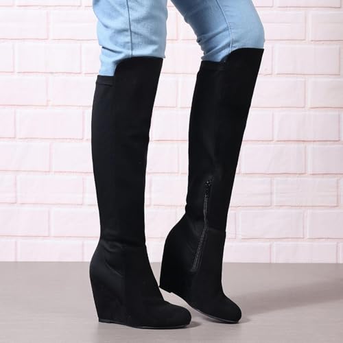 SACFOF Womens Over the Knee High Boots Suede Wedge Heel Long Stretch Boots Sexy Fashion Thigh High Tall Boots US6-112