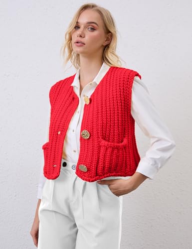 Image of Women Crochet Knit Sweater Vest Button Up Cropped Casual Sleeveless Vest Fashion Vintage Cardigan with Pocket Red