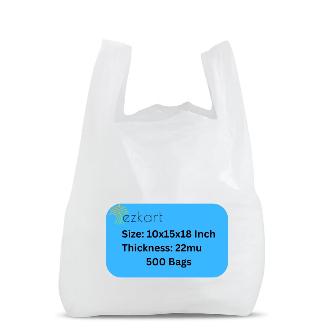 Ezkart White Multi-Pack Strong Plastic Carrier Bags With A Comfortable Grip, 10X15x18 Inch-22Mu, Heavy Duty For Multi-Purpose Uses For Your Groceries