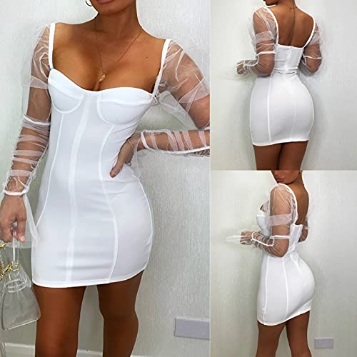 Image of Uni Clau Women Sexy Mesh Sheer Puff Long Sleeve Mini Dress Bodycon Deep V Neck Patchwork Party Clubwear Dress