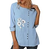 Generic Rotes Langarmshirt Für Mädchen Damen-T-Shirt mit Rundhalsausschnitt und Löwenzahn-Print, Langarm, Baumwolle, Leinen, Herbst, lockere Passform, lässiges Kelchkragen Bluse Damen (Sky Blue, XXL)