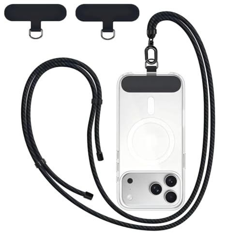 New&Teck Cordon Téléphone Portable avec 2 Patchs, Lanière de Téléphone 1m60 Résistant, Ajustable, Elégant compatible avec tous les Smartphones - Noir