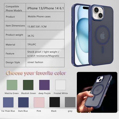 Image of Magnetic iPhone 14 /13 case,Compatible with Magsafe, Military-Grade Protection,Slim Translucent Matte Shockproof with Anti-Scratch Anti-Fingerprint Phone Cover (Dark Blue, iPhone 14 /13)