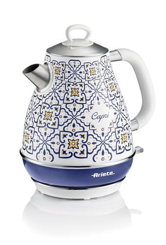 Ariete 2869 Bouilloire Électrique Capri 1.7L avec Filtre Amovible et Base Sans Fil 360°, Design Méditerranéen, Arrêt Automatique, Corps en Acier Inoxydable, 2000 W