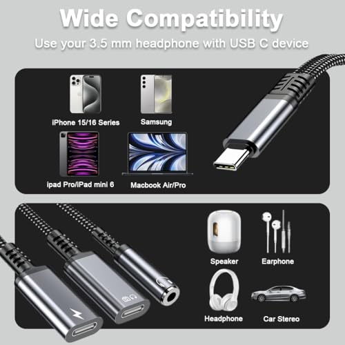 Image of ZORBES USB-C to 3.5mm Headphone Charger Adapter, 3 in 1 Dual Type C Aux Splitter Charger Headphone Jack Dongle Cord Compatible for iPhone 15 /16 Pro /Max /Plus, for iPad, for Samsung Galaxy S23 /S24Ultra
