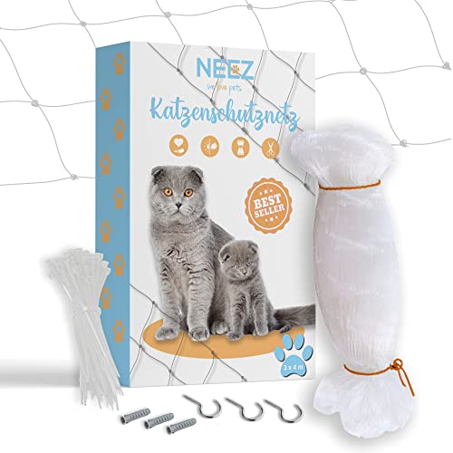 NEEZ Katzennetz für Balkon & Fenster ohne Bohren I Transparentes Robustes Balkonnetz für Katzen inkl. Befestigungsset 3x4 Meter Cover