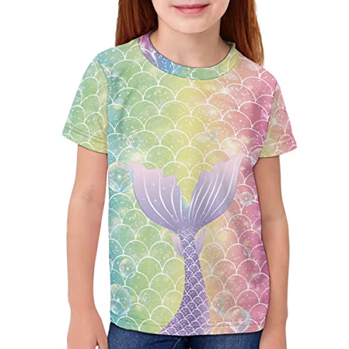 ENLACHIC Girls Cute Unicorn Mermaid Scale Tee Shirts Summer Short Sleeve Graphic T-Shirts 3-16 Years