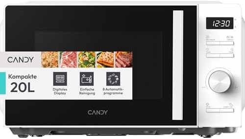 Candy Mikrowelle freistehend bis 700 Watt, Mikrowellengerät mit Drehteller, 5 Leistungsstufen, 8 Automatikprogramme, 20 Liter, digitale Drehreglersteuerung, Auftaufunktion, leicht