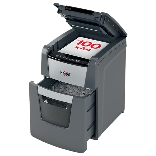 Rexel 2020100M Auto+ 100M – Destructeur de Documents Automatique Coupe Micro Sécurité P5, Capacité 100 Feuilles, Corbeille 34 litres Amovible