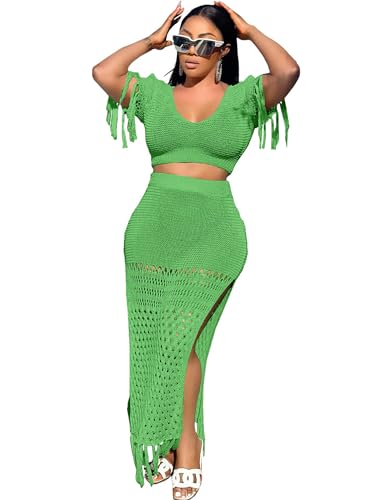 Image of CALEBGAR 2 Piece Outfits for Women Sexy Crochet Tassel Split Midi Dress Summer V Neck Knitted Hollow Crop Tops Y2K Streetwear
