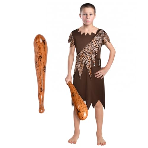 AYBUY Disfraz de hombre de las cavernas para niños, temático de la edad de piedra, bata marrón oscuro, cinturón con estampado