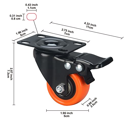 Image of 2 inch Caster Wheels Set of 32, Heavy Duty Casters with Brake, No Noise Locking Casters with Orange Polyurethane (PU) Wheels, Swivel Plate Castors Pack of 32