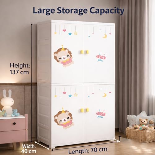Image of AYSIS Kids Plastic Collapsible Wardrobe Organizer for Storage with Drawers | Cute Cartoon Design | Heavy Duty Cloth Organizer for Storage | Easy to Assemble | Perfect for Kids Room & Home | White