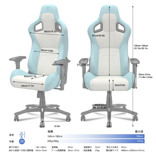 Nubika ファブリック製 ゲーミングチェア ブルー リクライニング機能付き オフィスチェア デスクチェア ヘッドレスト ランバーサポート付き 通気性素材 長時間着座疲れ軽減 ゲーミング・在宅勤務兼用 (1) [3]