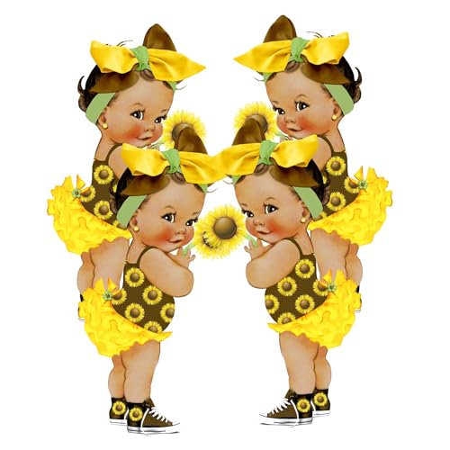 Sunflower Brunette Baby Girl Cutouts, Baby Shower Decorations, 1st Birthday DIY Centerpieces, Single-Sided Yellow Boho Floral Sunshine Party Décor (Brunette Girl 16 inches Tall)