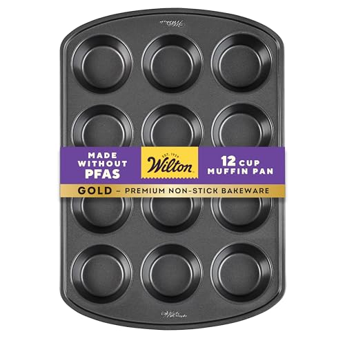 Wilton Gold Premium Non-Stick Warp-Resistant Bakeware, Made without PFAs, Muffin Pan, 12-cup, 10.5 x 15 x 1.4 in, Packaging May Vary