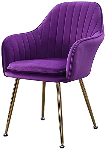 Moderna silla de comedor de terciopelo con respaldo y reposabrazos de metal, cojín suave para mayor comodidad, elegante sillón morado con patas doradas