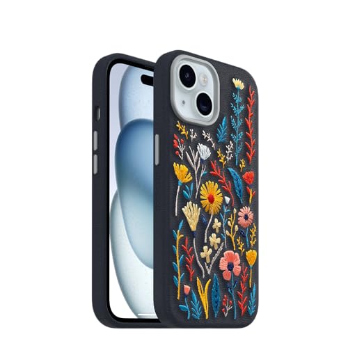 Image of OtterBox iPhone 15 Symmetry Series Cactus Leather Embroidery for MagSafe - Enchanted Garden Blue