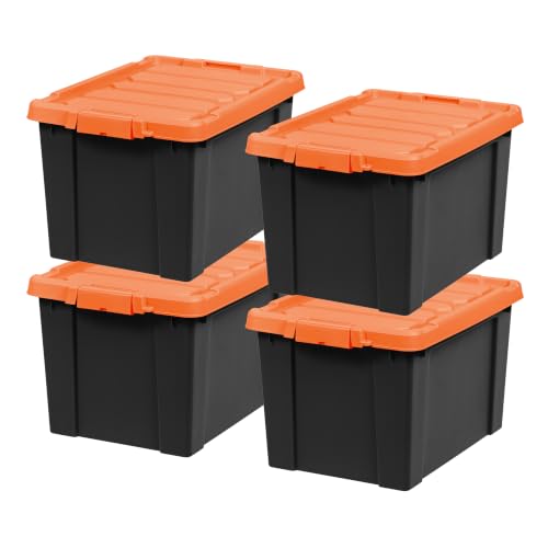 Image of IRIS USA 20 Gallon Lockable Storage Bins with Lids, 4 Pack - Made in USA, Heavy Duty, Stackable Containers, Garage Organizing Bins Moving Tubs, Rugged Sturdy Equipment Utility Box - Black /Orange