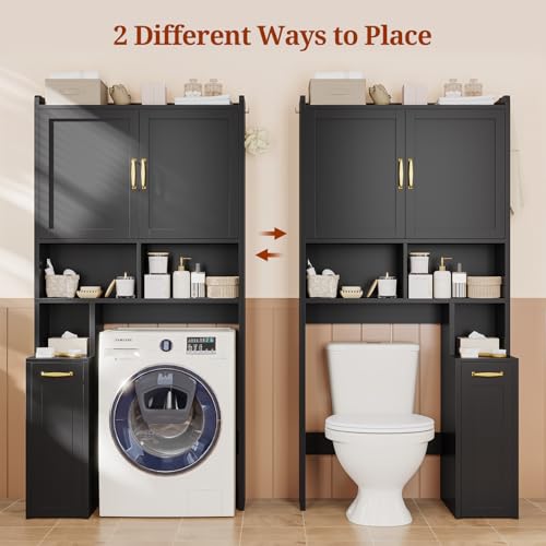 Image of UPOSOJA Over The Toilet Storage Cabinet with Pulley Bathroom Storage Cabinet, Space Saver W /Adjustable Shelf & Open Shelf for Bathroom, Restroom, Laundry (Black)