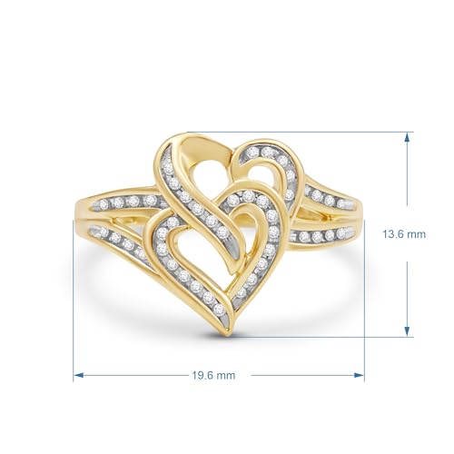Jewelili Sterling Silver or Yellow Gold over Sterling Silver Double Heart Promise Ring for Women | 1/8 CTTW Natural White Round Diamonds | Luxury Jewelry Gift for Her | Gift Box Included2