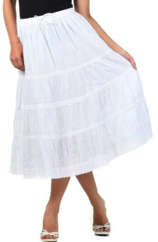 Sakkas Solid Embroidered Crochet Lace Trim Gypsy Bohemian Mid Length Cotton Skirt
