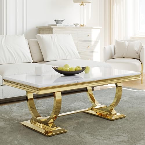 Asday Gold and White Coffee Table, Rectangle Faux Marble Living