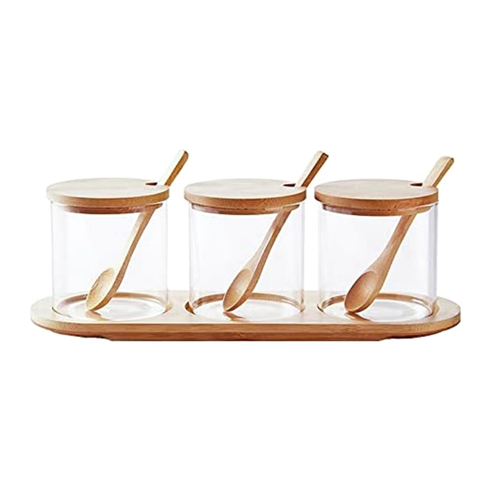 Osmond Bamboo Condiment Container with Lid and Spoon-Condiment Box Set, Used to Store Condiments, Salt and Sugar.
