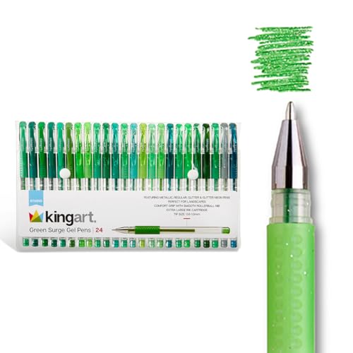 Image of KINGART 400-24G Comfort Grip Gel Pens, Set of 24 Unique Green Tone Colors | 1.0mm Rollerball Tip, 2.0mm XL Ink Capacity, Non-Toxic & Archival, Ideal For Coloring Books, Scrapbooking & Doodling