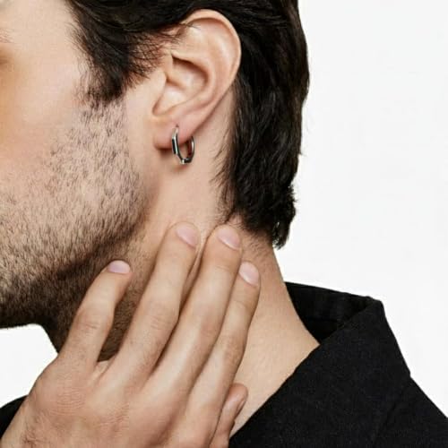 Image of TRUESILVER ACPL 925 Sterling Silver Hoop Earrings for Men | BIS Hallmarked Huggie Hoop Earrings | Minimalist Vintage Chunky Silver Hoops for Men