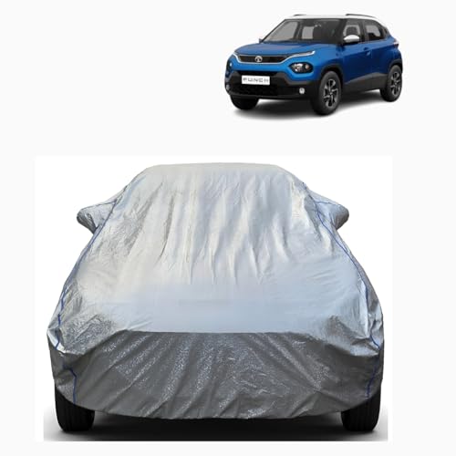 Aarex Auto Car Cover for Tata Punch, Waterproof with Mirror Pockets, Triple Stitched, Dustproof, Full Body Protection, All Models 2010-2025 (Silver)